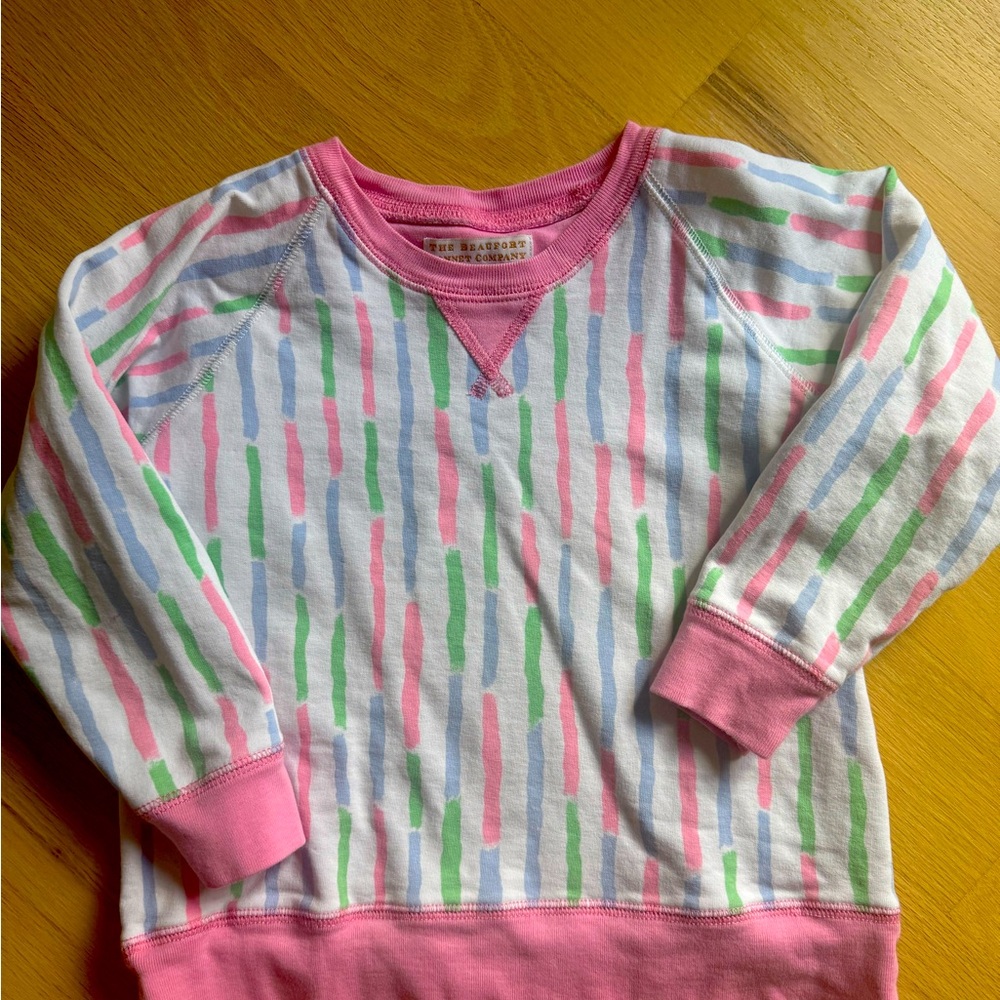 The Beaufort Bonnet Company Cassidy Crewneck in pink, blue and green.  Size 5.